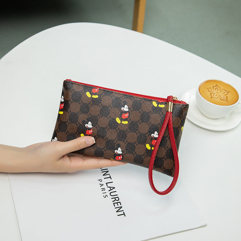 Disney Mickey Mouse Print Clutch Bag, Cartoon Genuine Leather Mobile Phone Bag, Cute Anime Wrist Wallet Coin Purse