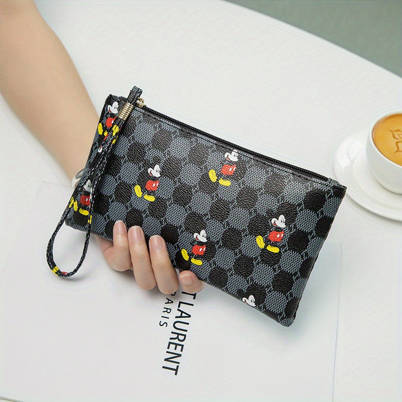 Disney Mickey Mouse Print Clutch Bag, Cartoon Genuine Leather Mobile Phone Bag, Cute Anime Wrist Wallet Coin Purse