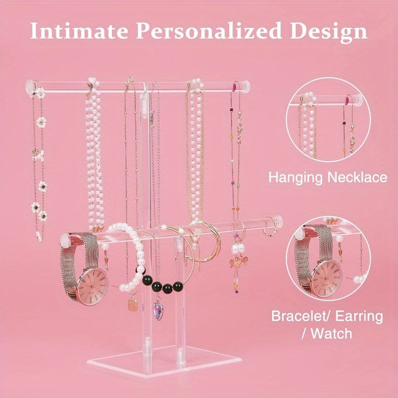 1pc Clear Acrylic 2-Tier Jewelry Display Tower - Versatile Organizer for Rings, Earrings, Watches, and Necklaces - Space-Saving Hanging Storage with Sturdy Design and Easy Visibility