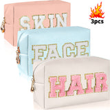 1/3pcs CHENILLE Preppy Makeup Bag for Women Travel Toiletry Bag Chenille Letter Cosmetic Bag PU Leather Waterproof Pouch Cute Zipper Organizer, Skin, Hair and Face