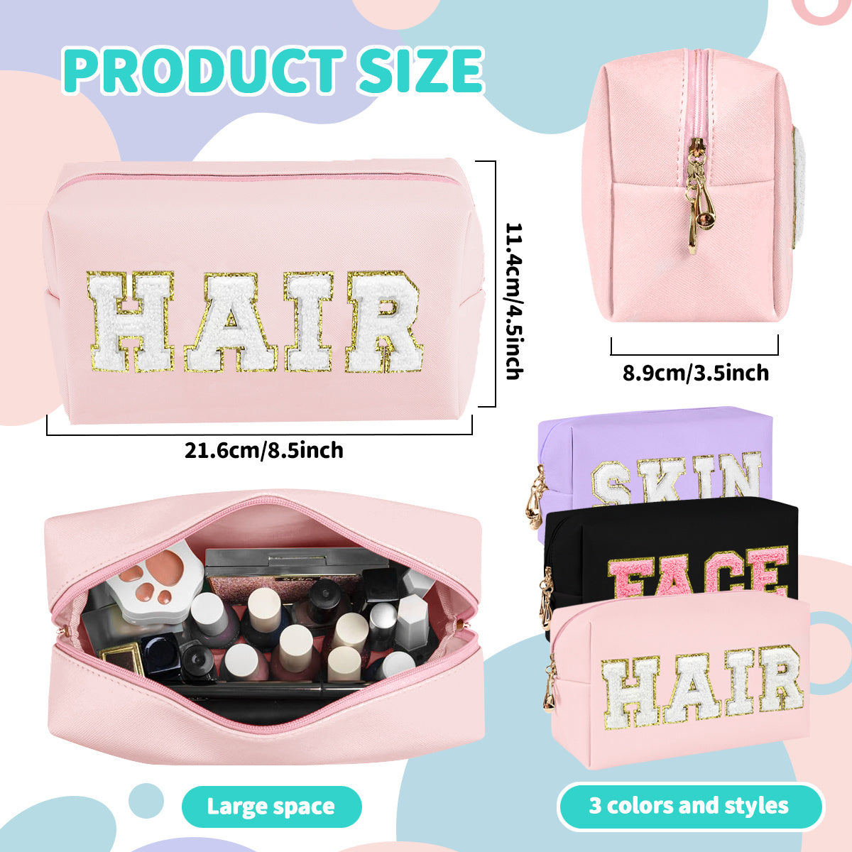 3 PCS CHENILLE Preppy Makeup Bag For Women Travel Toiletry Bag Chenille Letter Cosmetic Bag PU Leather Waterproof Pouch Cute Zipper Organizer, Skin, Hair And Face