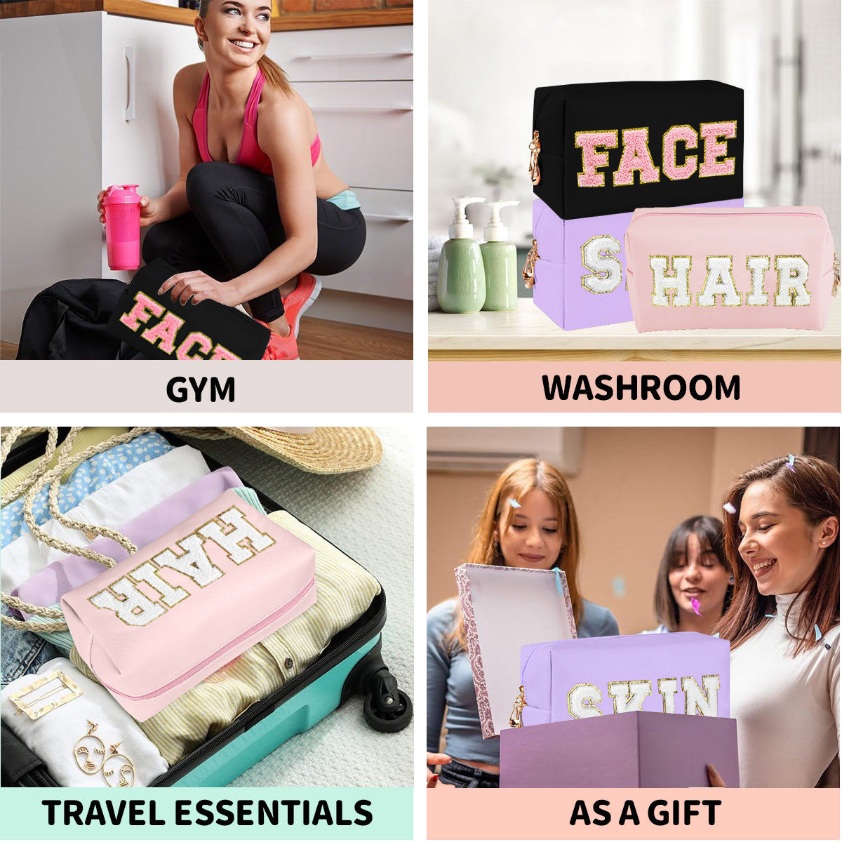 3 PCS CHENILLE Preppy Makeup Bag For Women Travel Toiletry Bag Chenille Letter Cosmetic Bag PU Leather Waterproof Pouch Cute Zipper Organizer, Skin, Hair And Face