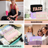 3 PCS CHENILLE Preppy Makeup Bag For Women Travel Toiletry Bag Chenille Letter Cosmetic Bag PU Leather Waterproof Pouch Cute Zipper Organizer, Skin, Hair And Face