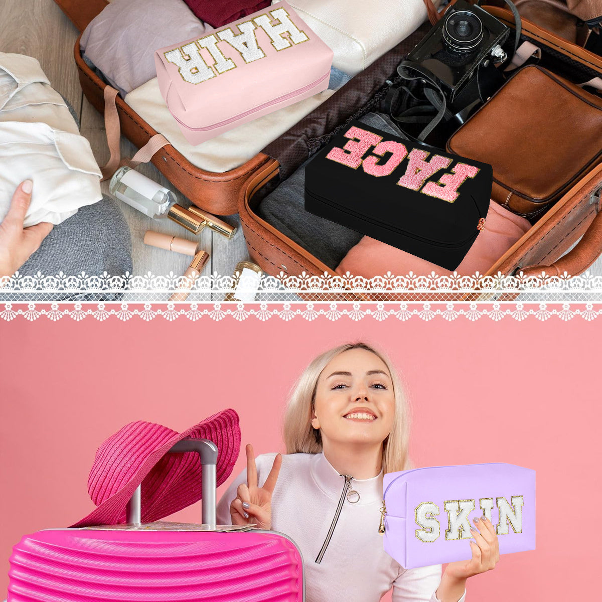 3 PCS CHENILLE Preppy Makeup Bag For Women Travel Toiletry Bag Chenille Letter Cosmetic Bag PU Leather Waterproof Pouch Cute Zipper Organizer, Skin, Hair And Face