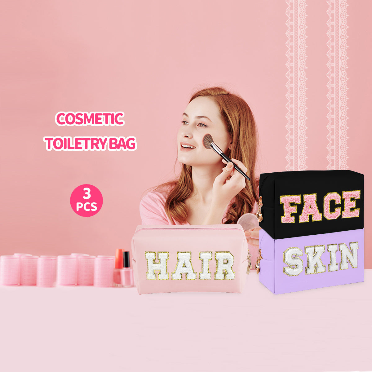 3 PCS CHENILLE Preppy Makeup Bag For Women Travel Toiletry Bag Chenille Letter Cosmetic Bag PU Leather Waterproof Pouch Cute Zipper Organizer, Skin, Hair And Face