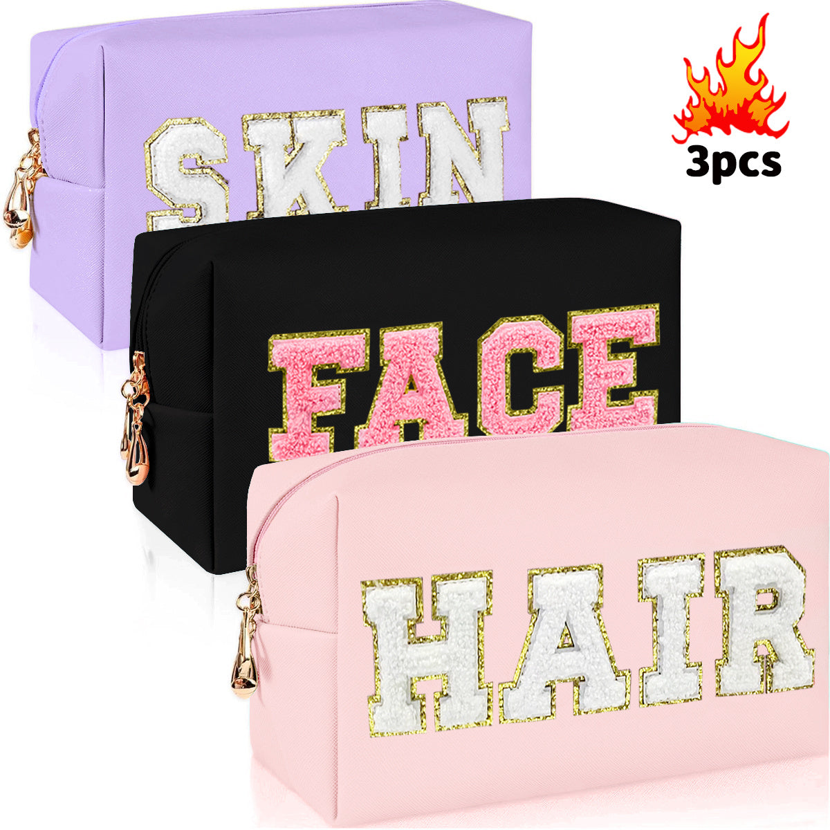 3 PCS CHENILLE Preppy Makeup Bag For Women Travel Toiletry Bag Chenille Letter Cosmetic Bag PU Leather Waterproof Pouch Cute Zipper Organizer, Skin, Hair And Face