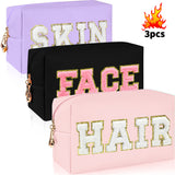 3 PCS CHENILLE Preppy Makeup Bag For Women Travel Toiletry Bag Chenille Letter Cosmetic Bag PU Leather Waterproof Pouch Cute Zipper Organizer, Skin, Hair And Face