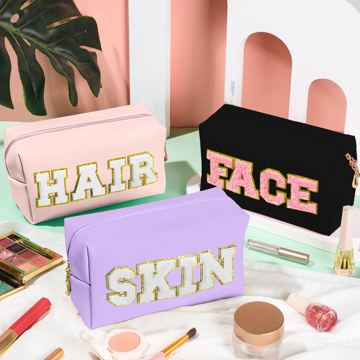 3 PCS CHENILLE Preppy Makeup Bag For Women Travel Toiletry Bag Chenille Letter Cosmetic Bag PU Leather Waterproof Pouch Cute Zipper Organizer, Skin, Hair And Face