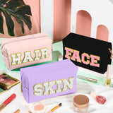 3 PCS CHENILLE Preppy Makeup Bag For Women Travel Toiletry Bag Chenille Letter Cosmetic Bag PU Leather Waterproof Pouch Cute Zipper Organizer, Skin, Hair And Face