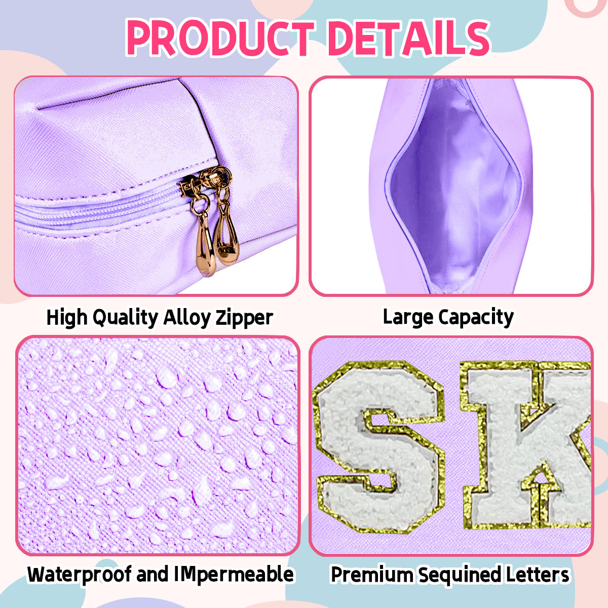 3 PCS CHENILLE Preppy Makeup Bag For Women Travel Toiletry Bag Chenille Letter Cosmetic Bag PU Leather Waterproof Pouch Cute Zipper Organizer, Skin, Hair And Face