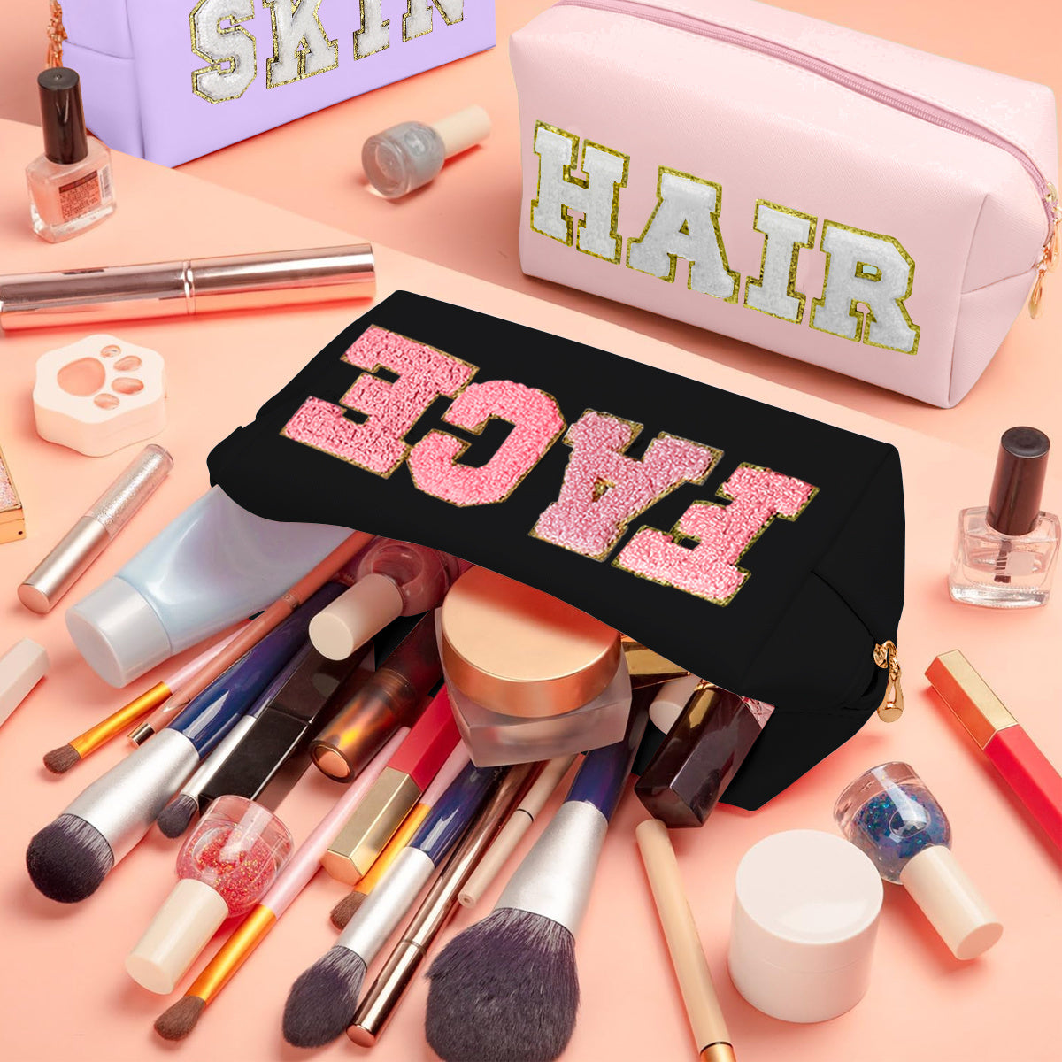 3 PCS CHENILLE Preppy Makeup Bag For Women Travel Toiletry Bag Chenille Letter Cosmetic Bag PU Leather Waterproof Pouch Cute Zipper Organizer, Skin, Hair And Face