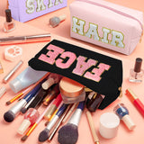 3 PCS CHENILLE Preppy Makeup Bag For Women Travel Toiletry Bag Chenille Letter Cosmetic Bag PU Leather Waterproof Pouch Cute Zipper Organizer, Skin, Hair And Face