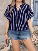 LUNE Plus Size Color Block Striped Shirt With Notched Collar And Batwing Sleeves, For Spring And Summer