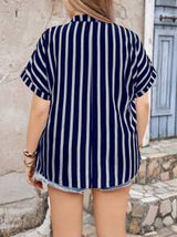 LUNE Plus Size Color Block Striped Shirt With Notched Collar And Batwing Sleeves, For Spring And Summer