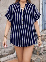 LUNE Plus Size Color Block Striped Shirt With Notched Collar And Batwing Sleeves, For Spring And Summer