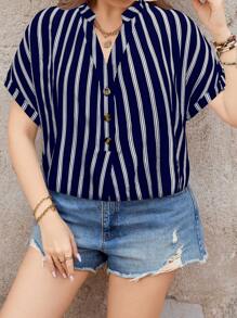 LUNE Plus Size Color Block Striped Shirt With Notched Collar And Batwing Sleeves, For Spring And Summer