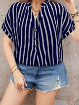 LUNE Plus Size Color Block Striped Shirt With Notched Collar And Batwing Sleeves, For Spring And Summer