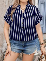 LUNE Plus Size Color Block Striped Shirt With Notched Collar And Batwing Sleeves, For Spring And Summer