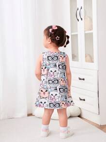 Baby Girl Casual Cute Cartoon Kitten Pattern Sleeveless Dress