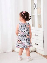 Baby Girl Casual Cute Cartoon Kitten Pattern Sleeveless Dress