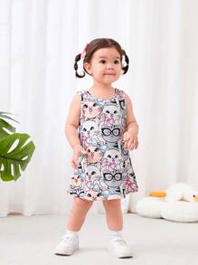 Baby Girl Casual Cute Cartoon Kitten Pattern Sleeveless Dress