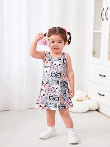 Baby Girl Casual Cute Cartoon Kitten Pattern Sleeveless Dress