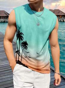 Men Casual Round Neck Sleeveless Vacation Style Tank Top,  Teal Tropical Graphic Beach Top