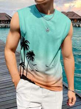 Men Casual Round Neck Sleeveless Vacation Style Tank Top,  Teal Tropical Graphic Beach Top