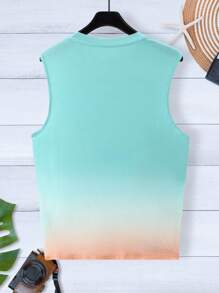 Men Casual Round Neck Sleeveless Vacation Style Tank Top,  Teal Tropical Graphic Beach Top