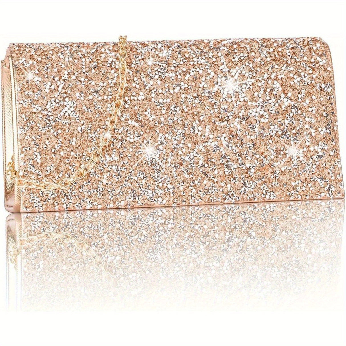 Glitter Evening Clutch Bag, Rose Golden Rhinestone Crossbody Bag With Chain Strap, Formal Envelope Bag For Weddings, Proms, Parties, And Cocktails