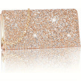 Glitter Evening Clutch Bag, Rose Golden Rhinestone Crossbody Bag With Chain Strap, Formal Envelope Bag For Weddings, Proms, Parties, And Cocktails