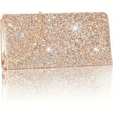 Glitter Evening Clutch Bag, Rose Golden Rhinestone Crossbody Bag With Chain Strap, Formal Envelope Bag For Weddings, Proms, Parties, And Cocktails