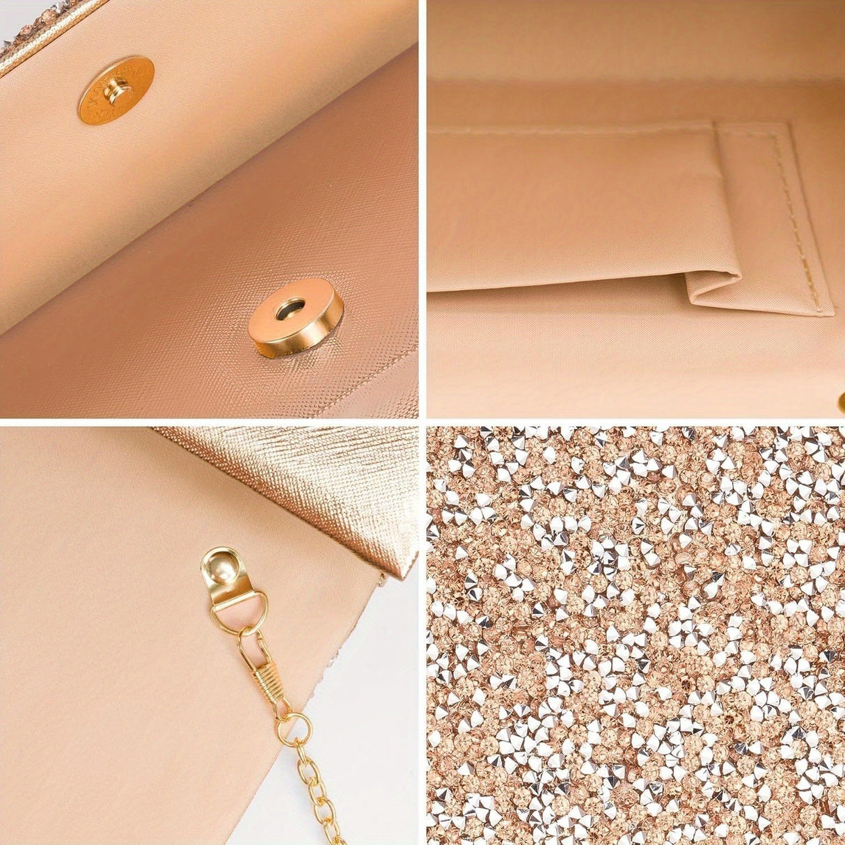 Glitter Evening Clutch Bag, Rose Golden Rhinestone Crossbody Bag With Chain Strap, Formal Envelope Bag For Weddings, Proms, Parties, And Cocktails