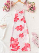 easyown Women's Casual Vacation Large Floral Print Draped Neck Backless Spaghetti Strap Dress Flower Dress,Summer Dresses For Women