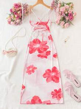 easyown Women's Casual Vacation Large Floral Print Draped Neck Backless Spaghetti Strap Dress Flower Dress,Summer Dresses For Women