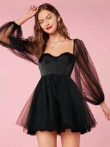 Enchnt Women Summer Spring Romantic Graduation Party Cocktail Prom Sexy Sweetheart Neck Mesh Lantern Sleeve Short Elegant Black Dress