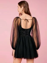 Enchnt Women Summer Spring Romantic Graduation Party Cocktail Prom Sexy Sweetheart Neck Mesh Lantern Sleeve Short Elegant Black Dress