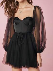 Enchnt Women Summer Spring Romantic Graduation Party Cocktail Prom Sexy Sweetheart Neck Mesh Lantern Sleeve Short Elegant Black Dress