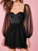 Enchnt Women Summer Spring Romantic Graduation Party Cocktail Prom Sexy Sweetheart Neck Mesh Lantern Sleeve Short Elegant Black Dress