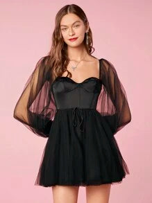 Enchnt Women Summer Spring Romantic Graduation Party Cocktail Prom Sexy Sweetheart Neck Mesh Lantern Sleeve Short Elegant Black Dress