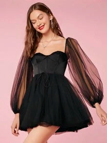 Enchnt Women Summer Spring Romantic Graduation Party Cocktail Prom Sexy Sweetheart Neck Mesh Lantern Sleeve Short Elegant Black Dress