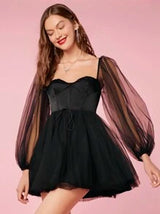 Enchnt Women Summer Spring Romantic Graduation Party Cocktail Prom Sexy Sweetheart Neck Mesh Lantern Sleeve Short Elegant Black Dress