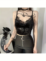 Women Casual Sexy Camisole Black Floral Lace Hem V-neck Sleeveless Camis Gothic Crop Tops Ladies Tank Tops Skinny Clubwear