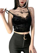 Women Casual Sexy Camisole Black Floral Lace Hem V-neck Sleeveless Camis Gothic Crop Tops Ladies Tank Tops Skinny Clubwear