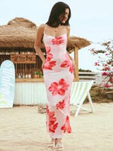 easyown Women's Casual Vacation Large Floral Print Draped Neck Backless Spaghetti Strap Dress Flower Dress,Summer Dresses For Women