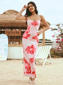 Soleia Women's Casual Vacation Large Floral Print Draped Neck Backless Spaghetti Strap Dress Flower Dress,Summer Dresses For Women