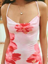 easyown Women's Casual Vacation Large Floral Print Draped Neck Backless Spaghetti Strap Dress Flower Dress,Summer Dresses For Women