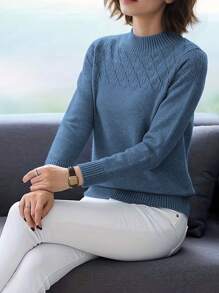 EASYOWN Unity Casual Blue Turtleneck Sweater, Autumn/Winter,Long Sleeve Tops