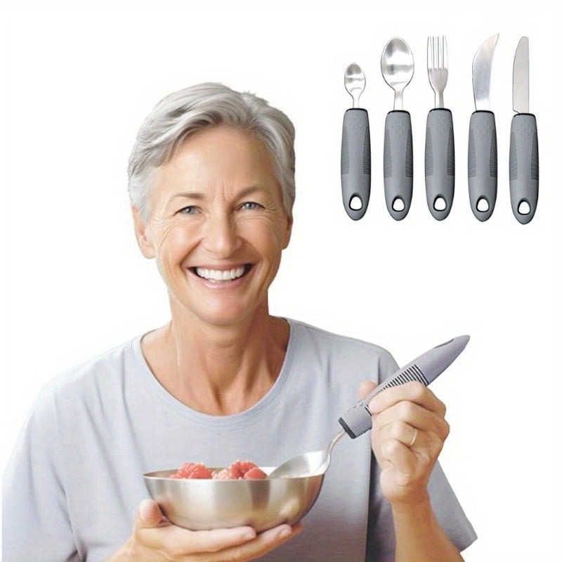 1pc Adaptive Utensils For Elderly Use, Large Spoon, Fork, Knife Stainless Steel Food Support Tool, Anti-Shake, Non-Slip Handles Silverware For Hand Tremors, Arthritis