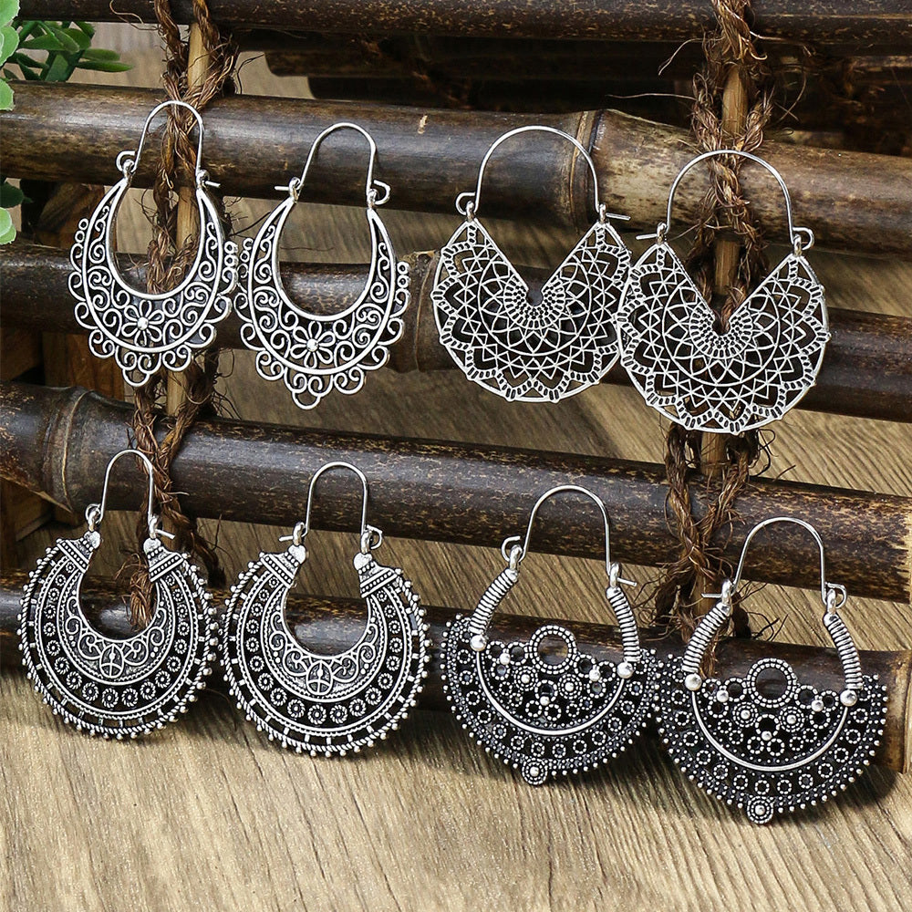 Boho Hollow Dangle Earrings - Vintage Ancient Silver U-Shaped Jewelry for Women